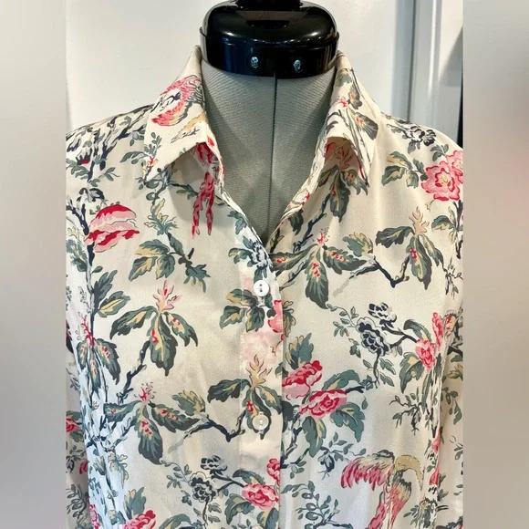 The Kooples silk button down shirt w/floral tropical bird print, cream/pink, XS - Picture 2 of 10